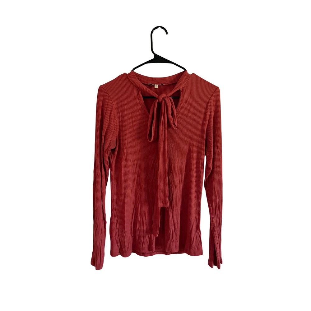 June & Hudson Estilo Tie-Neck Ribbed Long Sleeve Top Coral Size L
